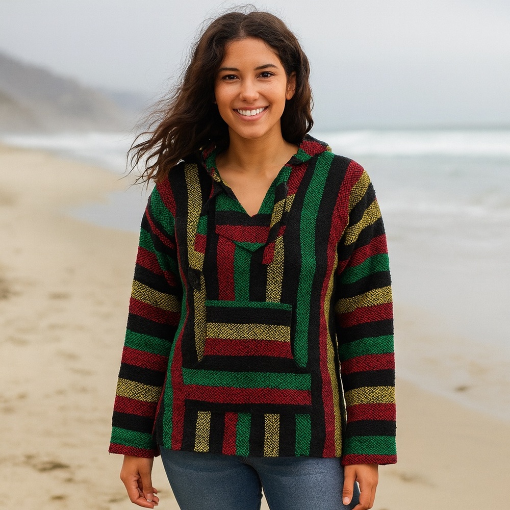 Women’s Baja Hoodie Pullover Striped Boho Surf Poncho XS/S Rasta Colors
